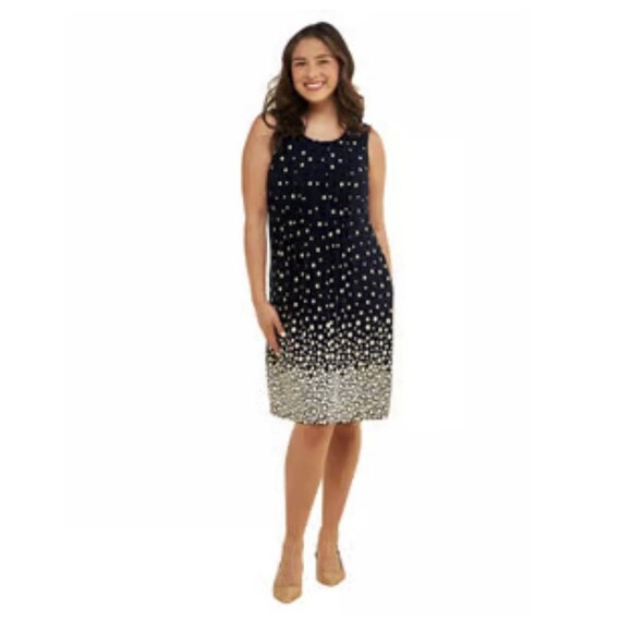 Perceptions Polka Dot A Line Dress Womens SZ M Sleeveless pleated Navy Yellow - Picture 1 of 12